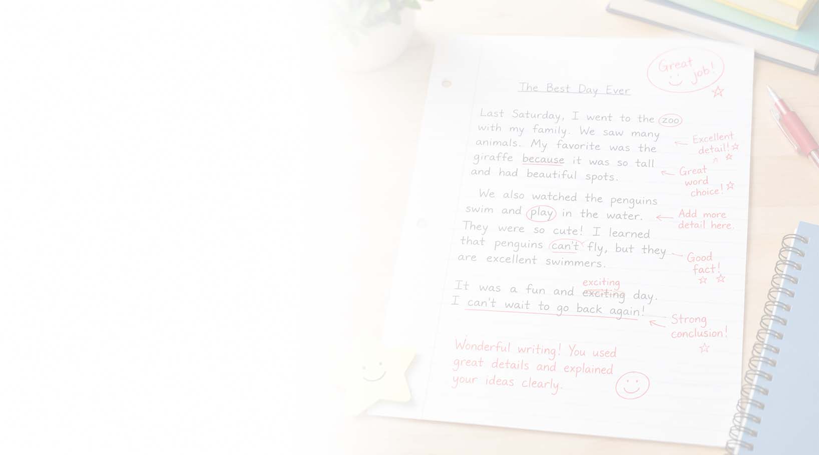 Teacher writing feedback on student draft